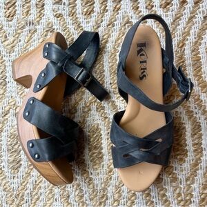 Korks Bagley Leather Heeled Sandal Wooden Ankle Strap Black Tan Size 7